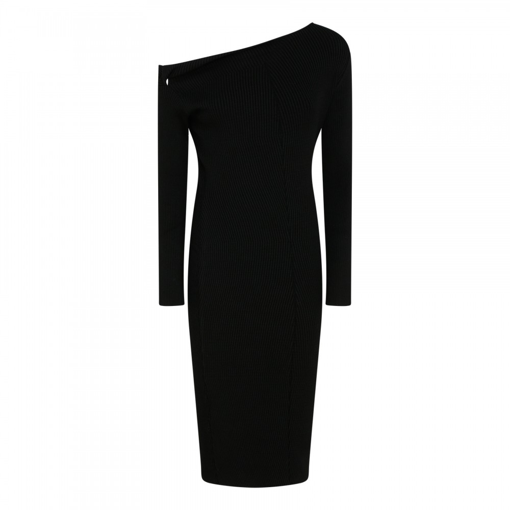 Black stretch rib cashmere midi dress