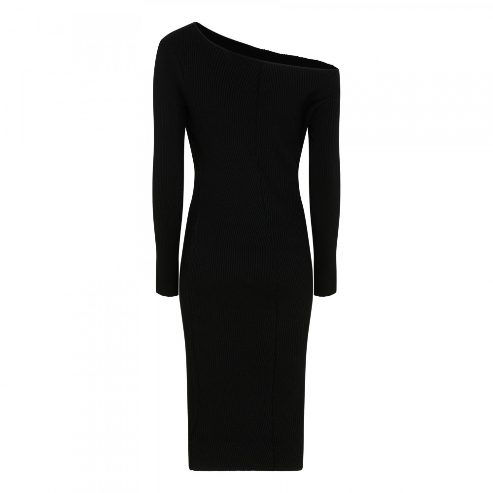 Black stretch rib cashmere midi dress